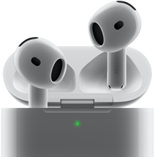 Os AirPods 4 são mostrados suspensos fora do estojo, e a luz verde está acesa no estojo