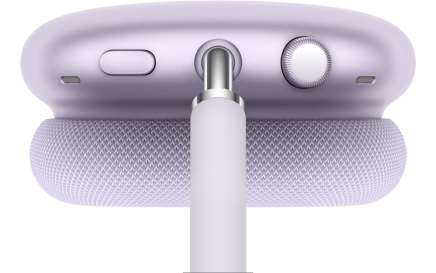 Parte de cima dos fones de ouvido AirPods Max 2 na cor roxa, com detalhes do botão de controle de ruído e do modo Ambiente