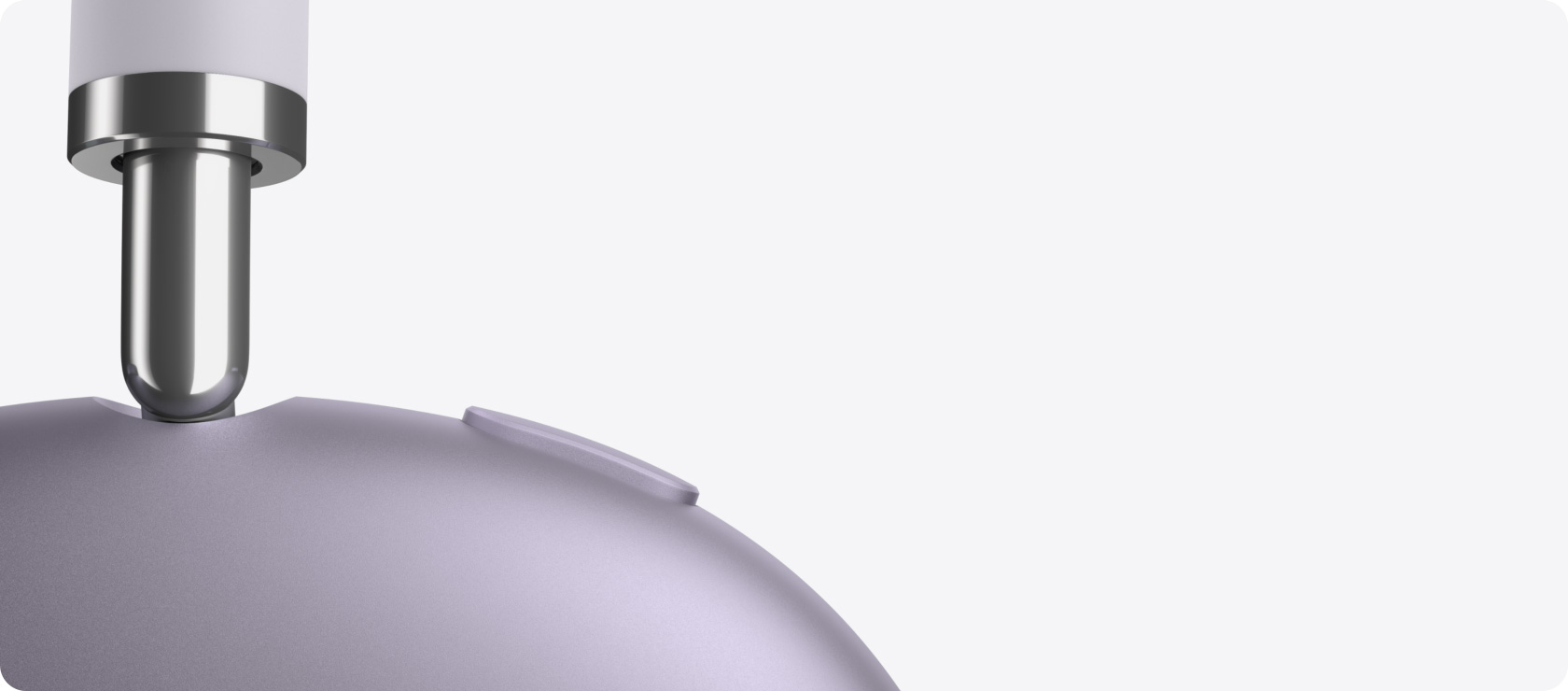 Imagem lateral dos fones de ouvido dos AirPods Max 2 mostrando detalhes da haste ajustável, almofada e botão de controle de ruído