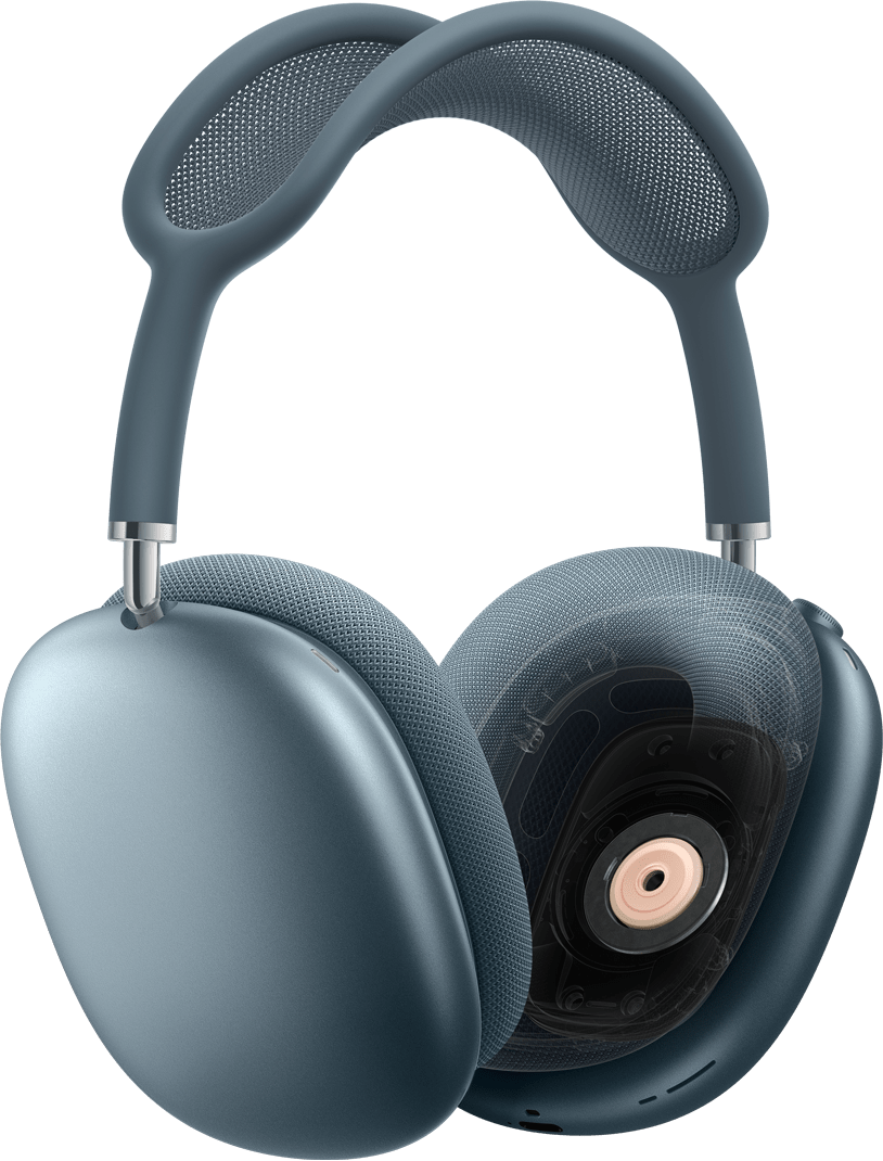 Imagem lateral dos fones de ouvido AirPods Max 2 na cor azul mostrando uma almofada com a parte interior da tecnologia usada no driver dinâmico