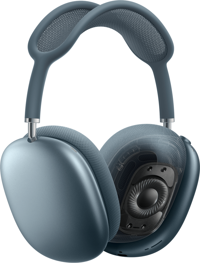 Imagem lateral dos fones de ouvido AirPods Max 2 na cor azul mostrando uma almofada com a parte interior da tecnologia usada no driver dinâmico