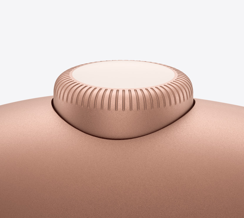 Fones de ouvido AirPods Max 2 na cor laranja mostrando detalhes da Digital Crown