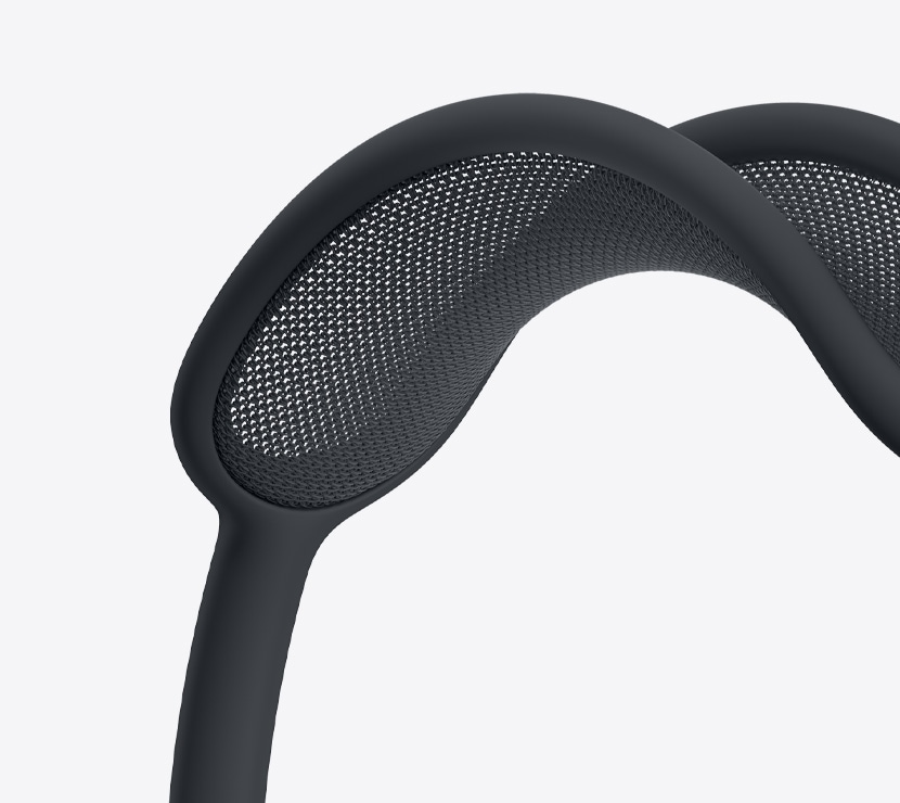 Fones de ouvido AirPods Max 2 na cor meia-noite mostrando detalhes do arco em tecido telado