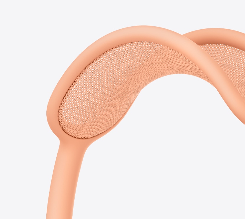 Fones de ouvido AirPods Max 2 na cor laranja mostrando detalhes do arco em tecido telado