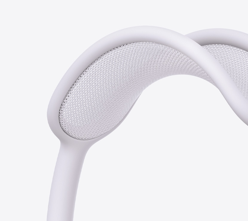 Fones de ouvido AirPods Max 2 na cor roxa mostrando detalhes do arco em tecido telado