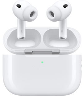 Parte da frente dos AirPods Pro 3 brancos dentro do estojo de recarga com a tampa aberta