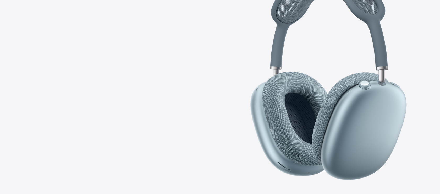 AirPods Max 2 na cor azul mostrando a Digital Crown e as partes interna e externa das almofadas