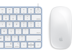 Close do Magic Keyboard e do Magic Mouse na mesma cor, com a impressão digital do Touch ID em destaque.