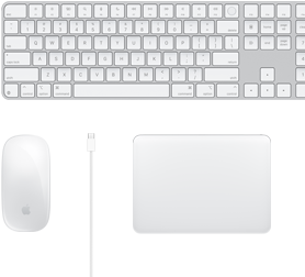 Imagem de cima dos acessórios Magic Mouse, cabo USB-C, Magic Trackpad e Magic Keyboard com teclado numérico.