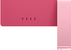 Parte de trás do iMac rosa, com quatro portas Thunderbolt, Wi‑Fi 6E e Bluetooth.
