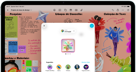 Parte da frente do iPad Air na horizontal mostrando os botões de aumentar e diminuir o volume, o botão liga/desliga e a tela com a interface colorida de um app com vários ícones