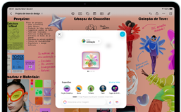 Parte da frente do iPad Air na horizontal mostrando os botões de aumentar e diminuir o volume, o botão liga/desliga e a tela com a interface colorida de um app com vários ícones