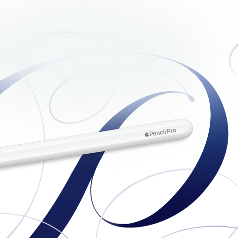 Apple Pencil Pro branco em frente a um fundo branco com espirais azuis