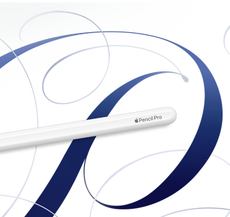 Apple Pencil Pro branco em frente a um fundo branco com espirais azuis
