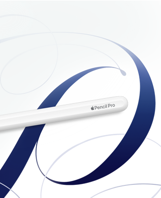 Apple Pencil Pro branco em frente a um fundo branco com espirais azuis