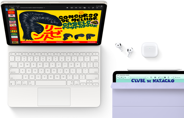 iPad Air estelar mostrando imagens coloridas na tela conectado a um Magic Keyboard, AirPods Pro ao lado e Apple Pencil Pro fixado na lateral
