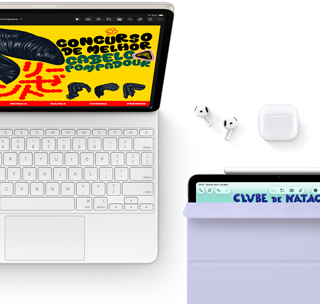 iPad Air estelar mostrando imagens coloridas na tela conectado a um Magic Keyboard, AirPods Pro ao lado e Apple Pencil Pro fixado na lateral