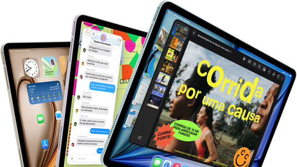 Imagem da parte da frente de três aparelhos iPad Air nas cores azul, roxa e estelar formando um leque. Na tela de cada aparelho aparecem o app Keynote, o app Mensagens e a Tela de Início