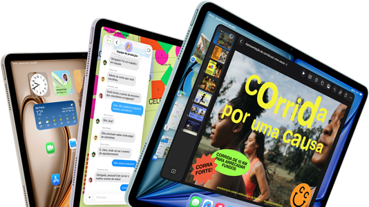 Imagem da parte da frente de três aparelhos iPad Air nas cores azul, roxa e estelar formando um leque. Na tela de cada aparelho aparecem o app Keynote, o app Mensagens e a Tela de Início