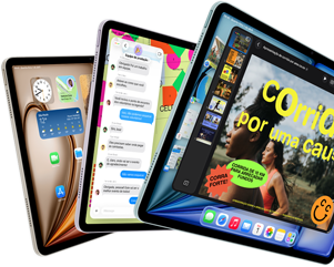 Imagem da parte da frente de três aparelhos iPad Air nas cores azul, roxa e estelar formando um leque. Na tela de cada aparelho aparecem o app Keynote, o app Mensagens e a Tela de Início