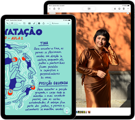 Dois aparelhos iPad Air nos tamanhos de 11 polegadas e 13 polegadas. O de 11 polegadas mostra texto colorido no app Notas, e o de 13 polegadas mostra a foto de uma pessoa no app Fotos