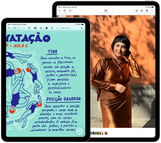 Dois aparelhos iPad Air nos tamanhos de 11 polegadas e 13 polegadas. O de 11 polegadas mostra texto colorido no app Notas, e o de 13 polegadas mostra a foto de uma pessoa no app Fotos