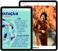 Dois aparelhos iPad Air nos tamanhos de 11 polegadas e 13 polegadas. O de 11 polegadas mostra texto colorido no app Notas, e o de 13 polegadas mostra a foto de uma pessoa no app Fotos
