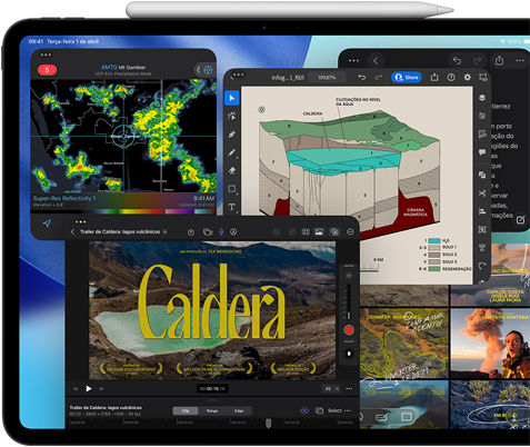 Parte da frente do iPad Pro preto-espacial na horizontal com o Apple Pencil apoiado na parte superior, a tela mostra as janelas de vários apps, incluindo o Final Cut Pro com diversos recursos de edição de vídeo e timeline, o Mapas, o Notas e vários clipes de mídia