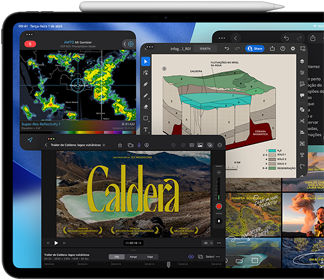 Parte da frente do iPad Pro preto-espacial na horizontal com o Apple Pencil apoiado na parte superior, a tela mostra as janelas de vários apps, incluindo o Final Cut Pro com diversos recursos de edição de vídeo e timeline, o Mapas, o Notas e vários clipes de mídia