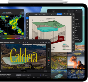 Parte da frente do iPad Pro preto-espacial na horizontal com o Apple Pencil apoiado na parte superior, a tela mostra as janelas de vários apps, incluindo o Final Cut Pro com diversos recursos de edição de vídeo e timeline, o Mapas, o Notas e vários clipes de mídia