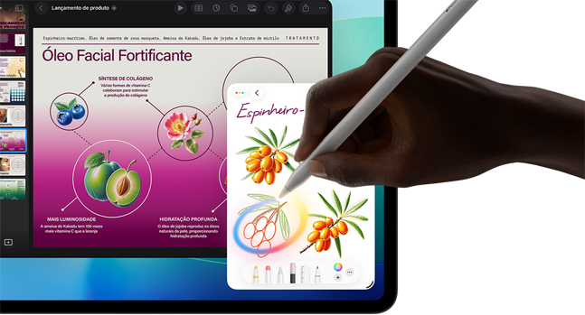 Parte da frente do iPad Pro com fundo em degradê azul-escuro e verde e vários apps abertos na tela, mão segurando o Apple Pencil Pro circulando um esboço que mostra o recurso Varinha Gráfica da Apple Intelligence