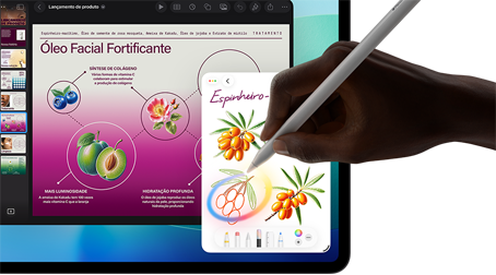 Parte da frente do iPad Pro com fundo em degradê azul-escuro e verde e vários apps abertos na tela, mão segurando o Apple Pencil Pro circulando um esboço que mostra o recurso Varinha Gráfica da Apple Intelligence