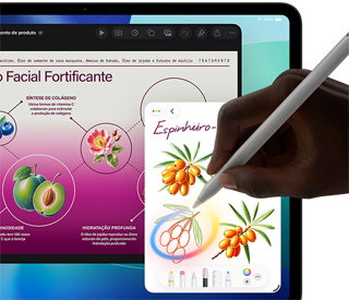 Parte da frente do iPad Pro com fundo em degradê azul-escuro e verde e vários apps abertos na tela, mão segurando o Apple Pencil Pro circulando um esboço que mostra o recurso Varinha Gráfica da Apple Intelligence