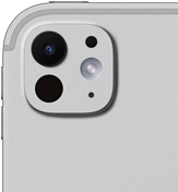 Parte de trás do iPad Pro prateado, sistema de câmera Pro com lente de cinco elementos e flash True Tone adaptativo