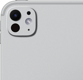 Parte de trás do iPad Pro prateado, sistema de câmera Pro com lente de cinco elementos e flash True Tone adaptativo