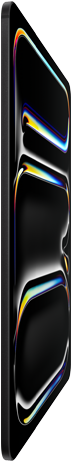 Parte da frente do iPad Pro preto-espacial, estrutura de alumínio e vidro, design fino, inclinado para trás, mostrando uma arte colorida na tela