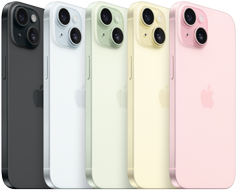 Imagem da parte de trás do iPhone 15 mostrando o sistema de câmera avançado e o vidro colorido por infusão em todas as cores: preto, azul, verde, amarelo, rosa.