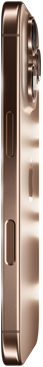iPhone 16 Pro em titânio-deserto, com logotipo da Apple no centro, sistema de câmera Pro elevado, botão lateral e Controle da Câmera