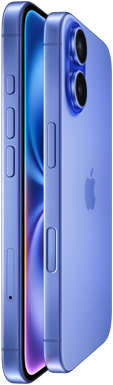 Imagem da lateral externa de dois aparelhos iPhone 16 bem próximos e de frente um para o outro, ambos em ultramarino, mostrando os botões de volume, o botão de Ação, o botão lateral, o Controle da Câmera, o logotipo da Apple no centro e a elevação do sistema avançado de câmera dupla.