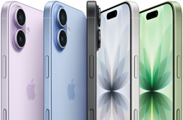 Parte da frente, parte de trás e lateral do iPhone 17 em 5 cores: lavanda, azul-névoa, preto, branco e sálvia.