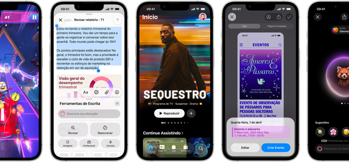 Aparelhos iPhone 17e lado a lado mostrando telas diferentes: um jogo em andamento, Ferramentas de Escrita, app Apple TV, um evento do calendário sendo criado, um Genmoji sendo criado