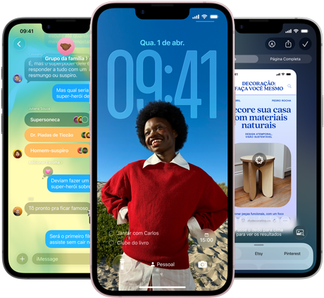 Três aparelhos iPhone 17e mostrando o app Mensagens com design em Liquid Glass, a Tela Bloqueada dinâmica e a Inteligência Visual em uso