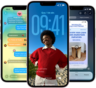 Três aparelhos iPhone 17e mostrando o app Mensagens com design em Liquid Glass, a Tela Bloqueada dinâmica e a Inteligência Visual em uso