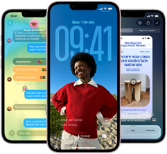 Três aparelhos iPhone 17e mostrando o app Mensagens com design em Liquid Glass, a Tela Bloqueada dinâmica e a Inteligência Visual em uso