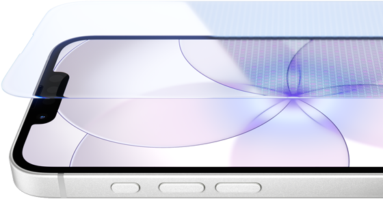 Parte da frente do iPhone 17e branco com Ceramic Shield 2 e lateral com os botões de Ação e de volume