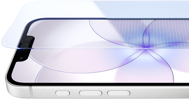 Parte da frente do iPhone 17e branco com Ceramic Shield 2 e lateral com os botões de Ação e de volume