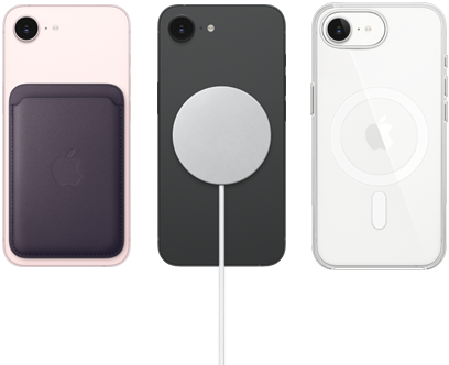 iPhone 17e rosa-pálido com carteira de tecido FineWoven roxo meia-noite, iPhone 17e preto com carregador MagSafe, iPhone 17e branco com capa transparente com MagSafe