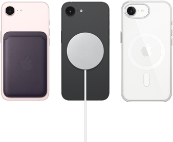 iPhone 17e rosa-pálido com carteira de tecido FineWoven roxo meia-noite, iPhone 17e preto com carregador MagSafe, iPhone 17e branco com capa transparente com MagSafe