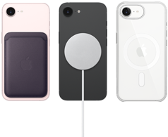 iPhone 17e rosa-pálido com carteira de tecido FineWoven roxo meia-noite, iPhone 17e preto com carregador MagSafe, iPhone 17e branco com capa transparente com MagSafe