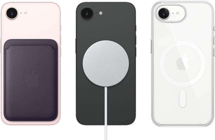 Parte de trás do iPhone 17e rosa-pálido com carteira de tecido FineWoven com MagSafe fixada, parte de trás do iPhone 17e preto com carregador MagSafe fixado, parte de trás do iPhone 17e branco com capa transparente com MagSafe fixada